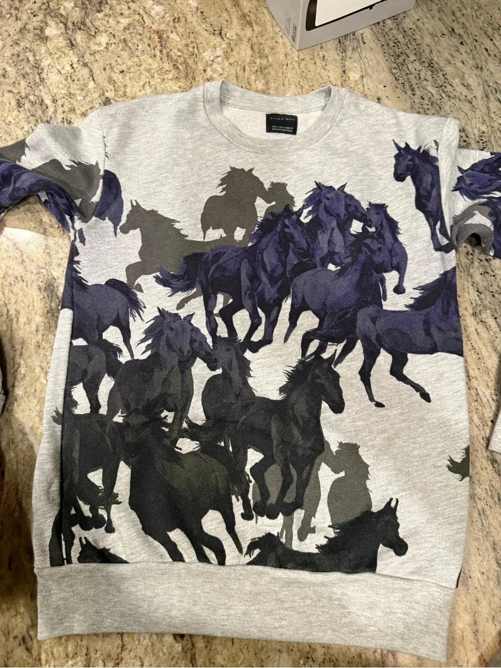 Zara Man Light Gray Crewneck with Black & Navy Horse Silhouettes
